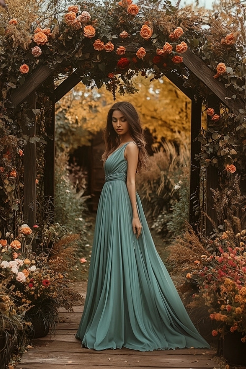 A woman wears a teal wedding guest dress and a pleated skirt