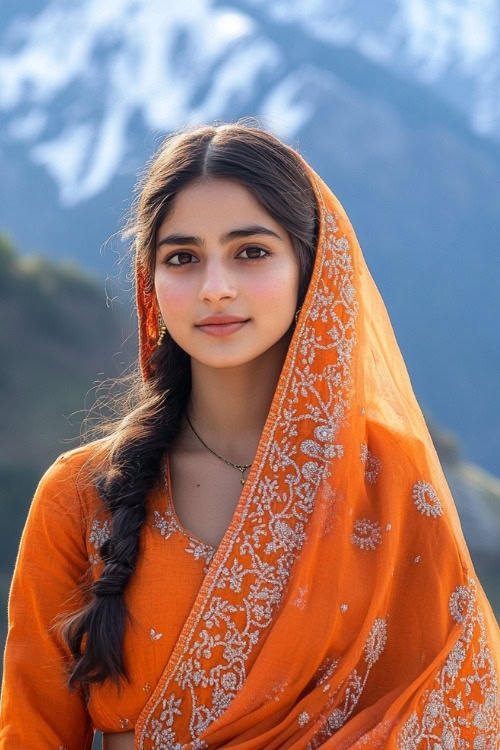 A woman wears a traditional orange wedding guest dress with silver embroidery and a matching dupatta