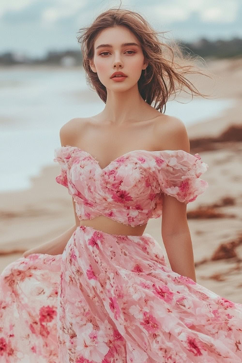 A woman wears a two piece set of pink floral wedding guest dress