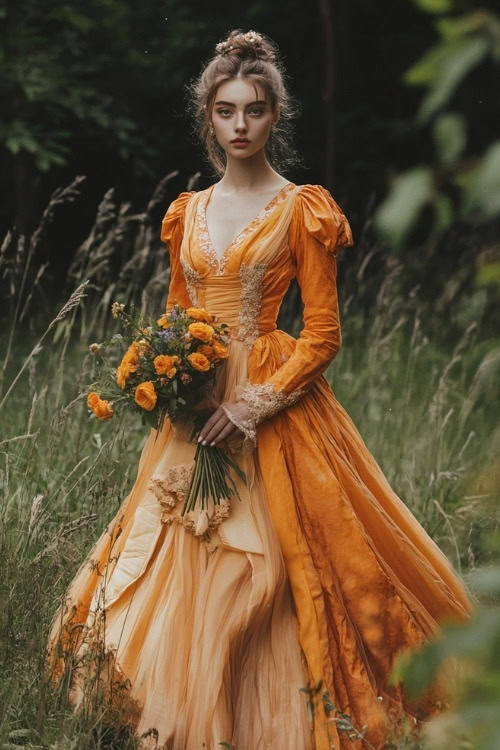 A woman wears a vintage-style orange wedding guest dress with puffed sleeves