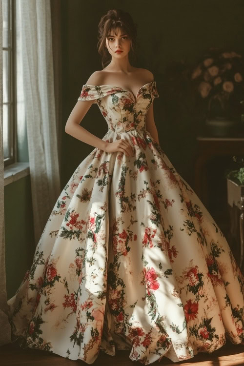 A woman wears a white floral ball gown as wedding guest dress with an off-the-shoulder neckline and a full skirt