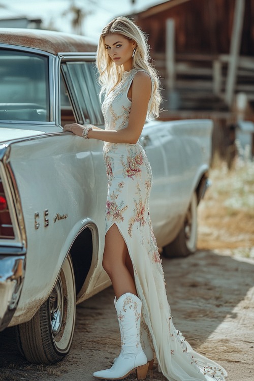 A woman wears a white floral embroidered dress with white cowboy boots