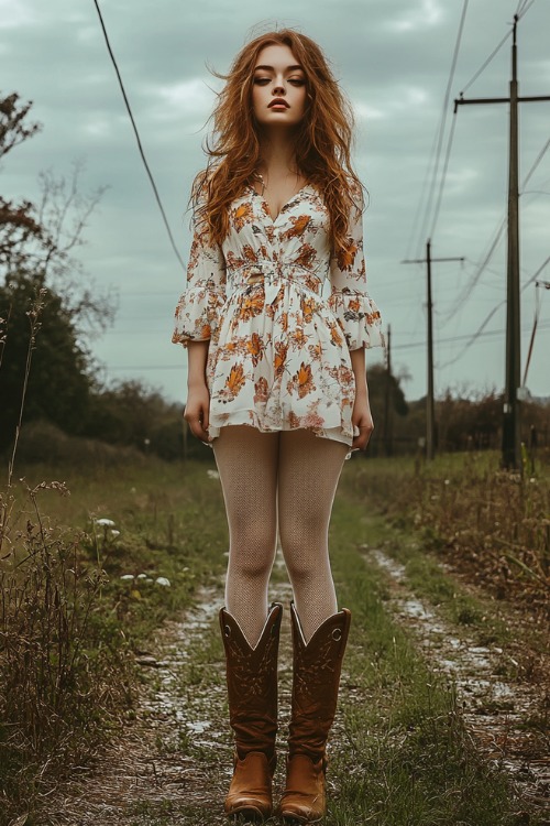 A woman wears a white floral mini dress, white sheer tights, and brown cowboy boots