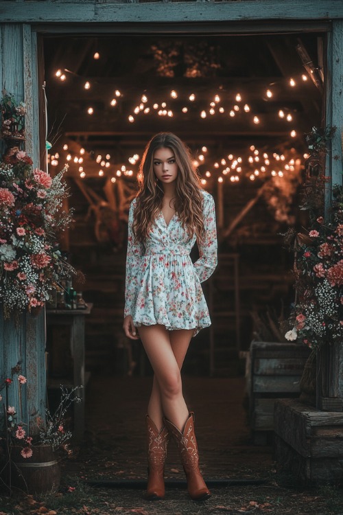 A woman wears a white floral mini wedding guest dress with tan cowboy boots