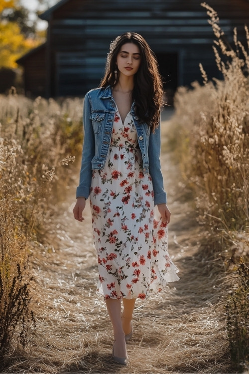 A woman wears a white floral wedding guest dress and a denim jacket