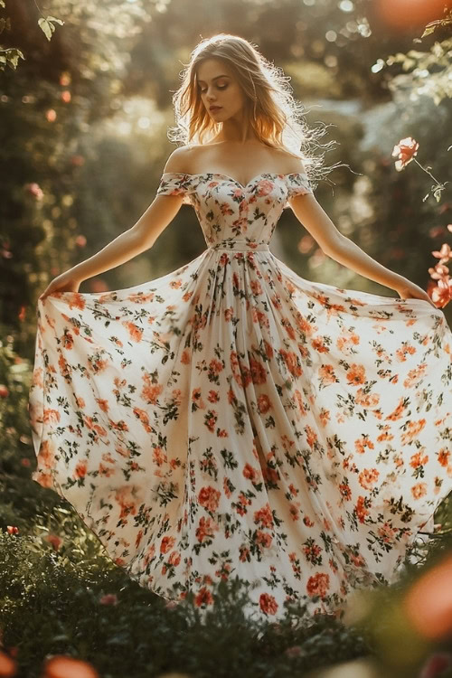 A woman wears a white floral wedding guest dress and a long flowy skirt