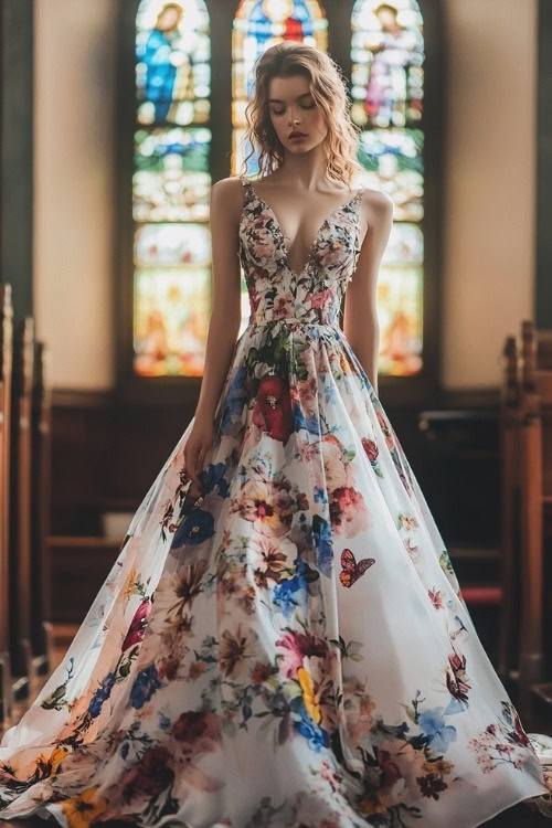 A woman wears a white floral wedding guest dress with V neckline and a flowing skirt (2)