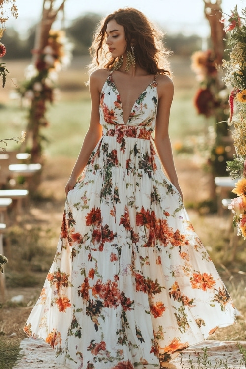 A woman wears a white floral wedding guest dress with V neckline and a flowing skirt