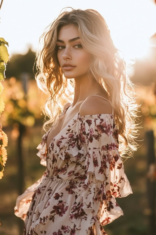 A woman wears a white floral wedding guest dress with a V neckline and ruffled sleeves