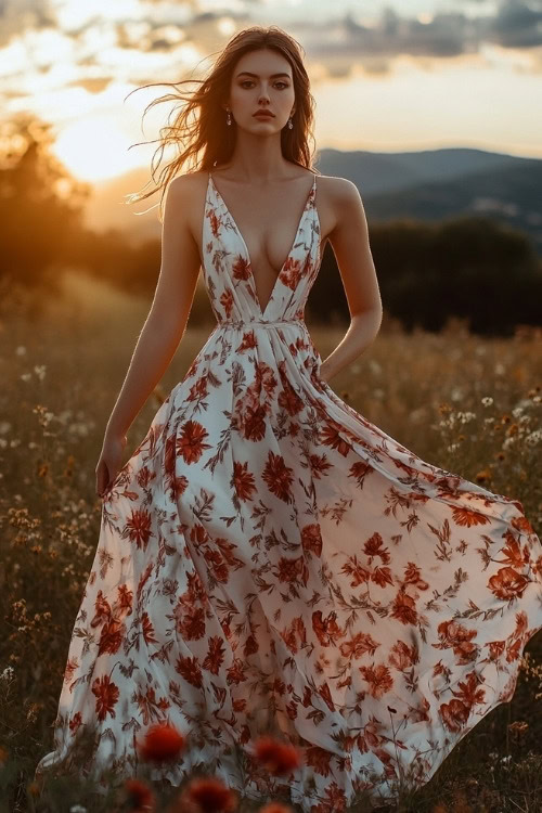 A woman wears a white floral wedding guest dress with a deep V neckline and a flowing skirt (2)