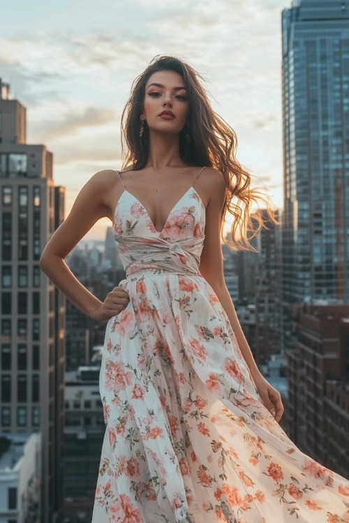 A woman wears a white floral wedding guest dress with a deep V neckline and spaghetti straps (2)