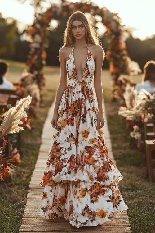 A woman wears a white floral wedding guest dress with a halter neckline and tiered skirt