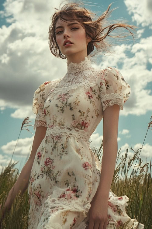 A woman wears a white floral wedding guest dress with a high collar adnd puff sleeves