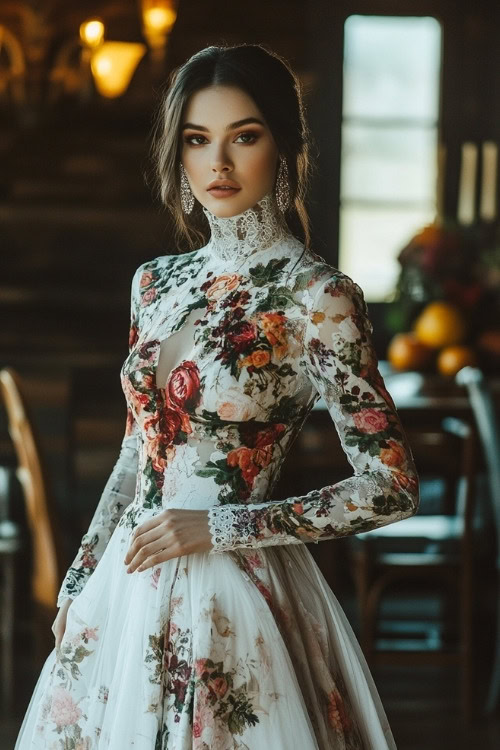 A woman wears a white floral wedding guest dress with a high collar and long sleeves (3)