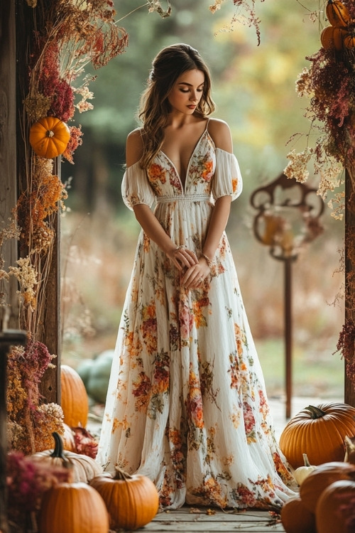 A woman wears a white floral wedding guest dress with cold shoulder puff sleeves