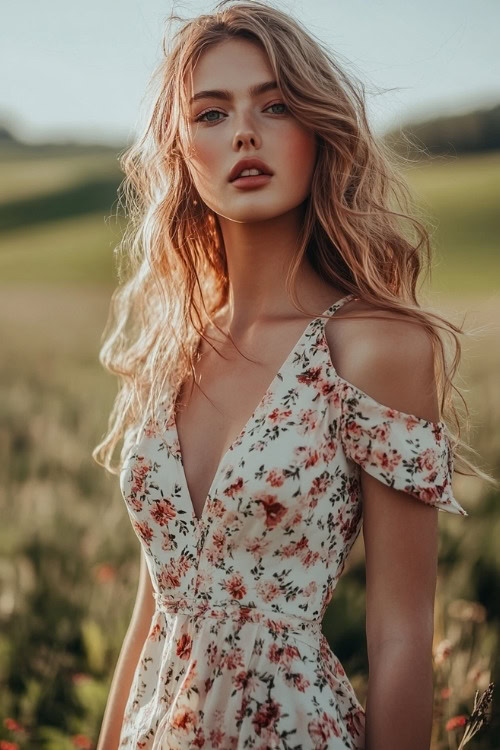 A woman wears a white floral wedding guest dress with cold shoulder sleeves and a V neckline