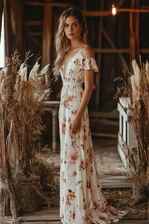 A woman wears a white floral wedding guest dress with cold shoulder sleeves