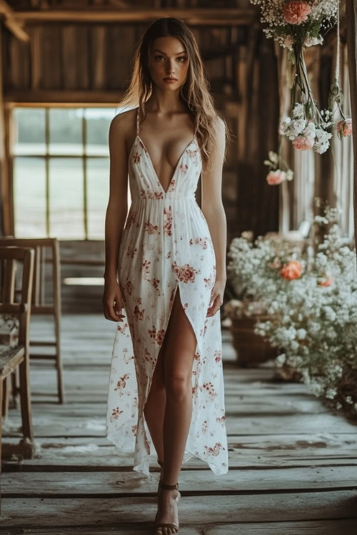 A woman wears a white floral wedding guest dress with deep V neckline and a thigh slit (2)