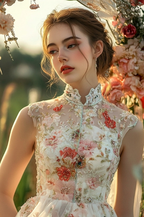 A woman wears a white floral wedding guest dress with intricate embroidery and a high collar