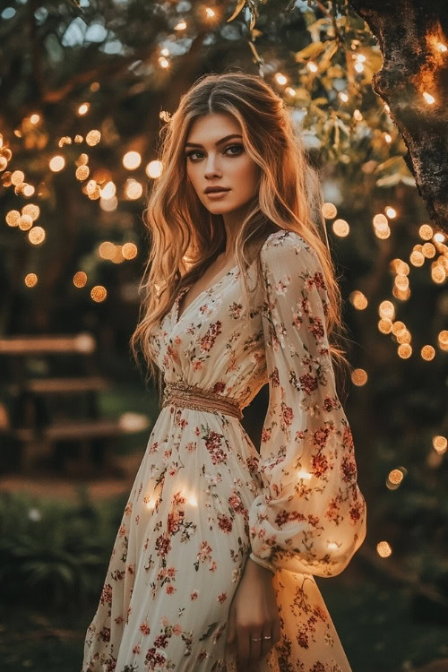 A woman wears a white floral wedding guest dress with long puff sleeves and a belted waist