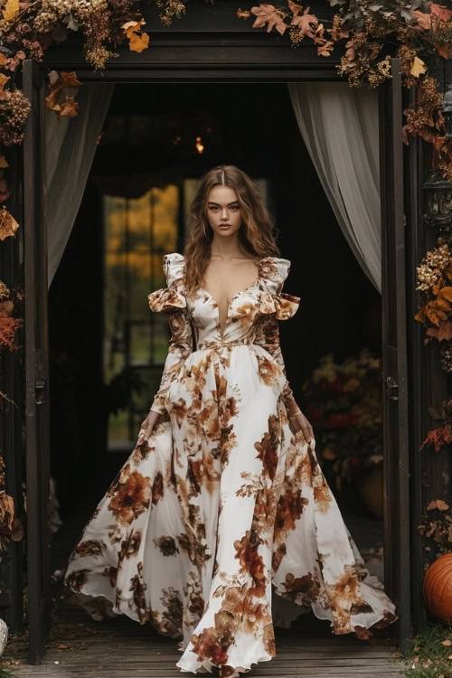 A woman wears a white floral wedding guest dress with long puff sleeves and a deep V neckline