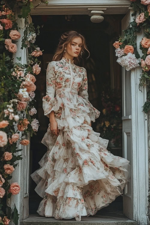 A woman wears a white floral wedding guest dress with long ruffled sleeves and a tiered skirt (2)