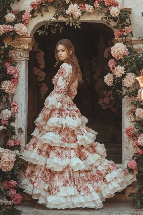 A woman wears a white floral wedding guest dress with long ruffled sleeves and a tiered skirt (3)