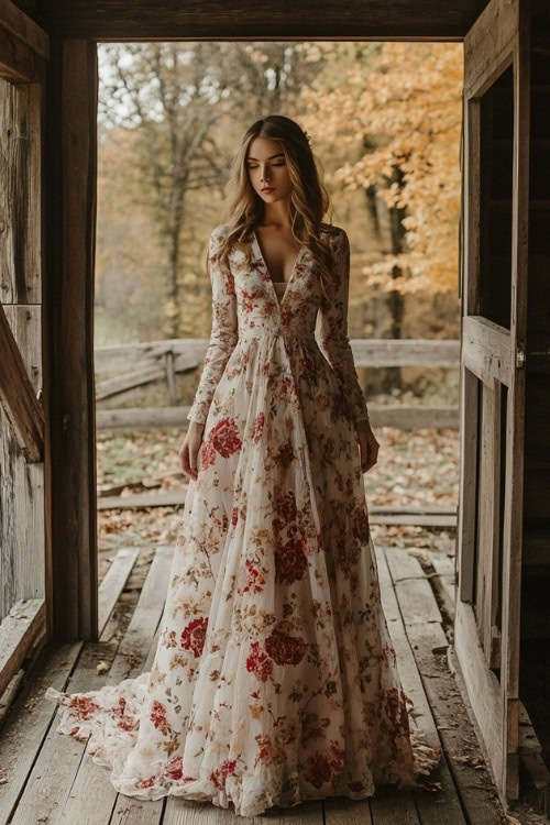 A woman wears a white floral wedding guest dress with long sleeves and a V neckline