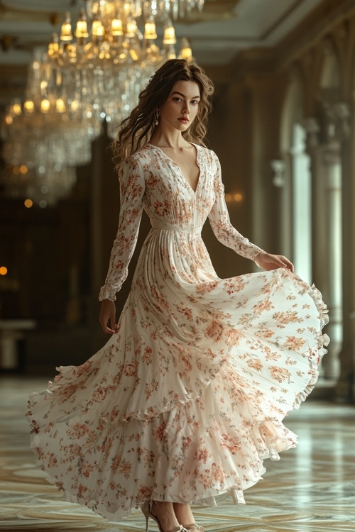 A woman wears a white floral wedding guest dress with long sleeves and a flowing skirt