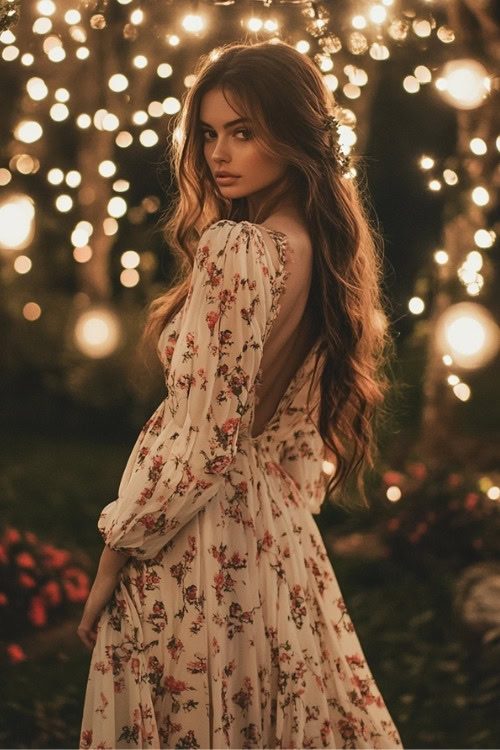 A woman wears a white floral wedding guest dress with long sleeves and an open back