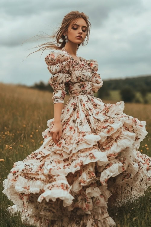 A woman wears a white floral wedding guest dress with puff sleeves and a tiered skirt