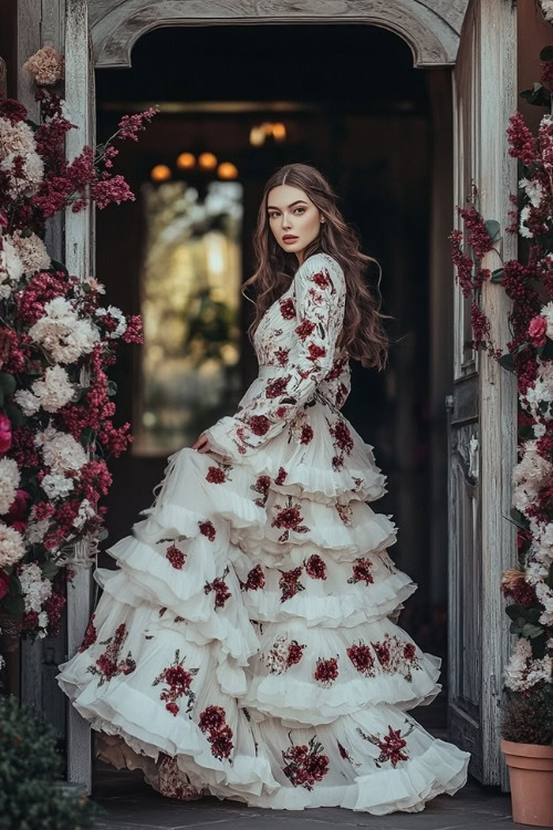 A woman wears a white floral wedding guest dress with ruffled tiered skirt and long sleeves