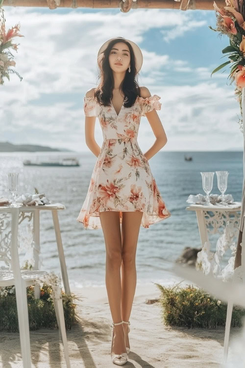 A woman wears a white floral wedding guest dress with short length