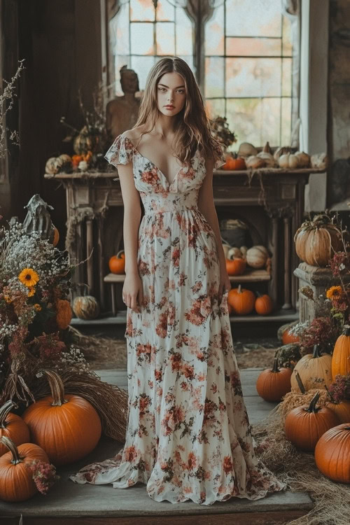 A woman wears a white floral wedding guest dress with short sleeves and a deep V neckline