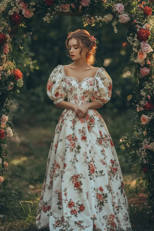 A woman wears a white floral wedding guest dress with sweetheart neckline and puff sleeves