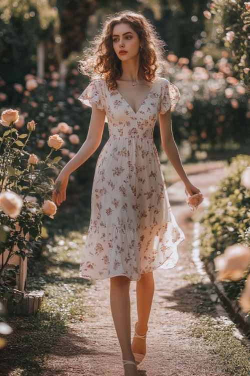 A woman wears a white floral wedding guest dress with white strap heels