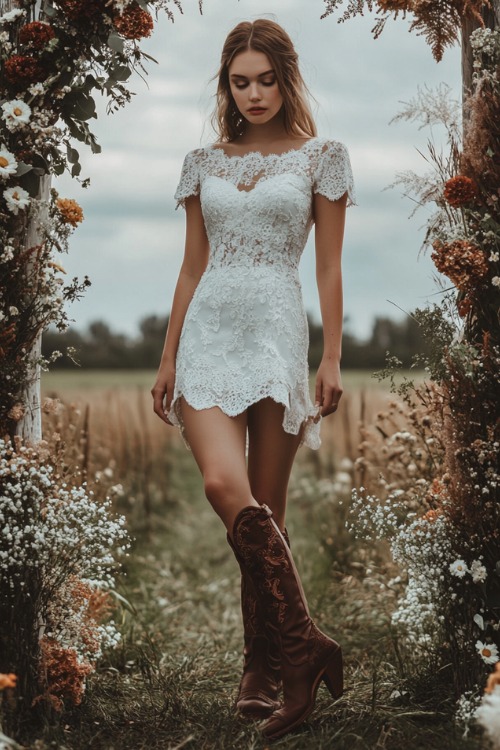 A woman wears a white lace mini dress with brown cowboy boots