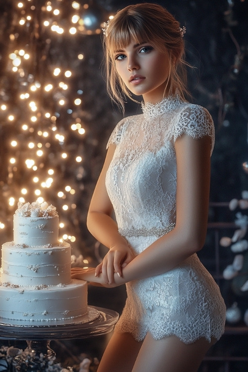 A woman wears a white lace short wedding guest dress with a hightneckline