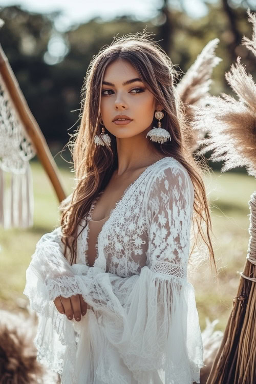 A woman wears a white lace wedding guest dress with flared sleeves and a deep V neckline