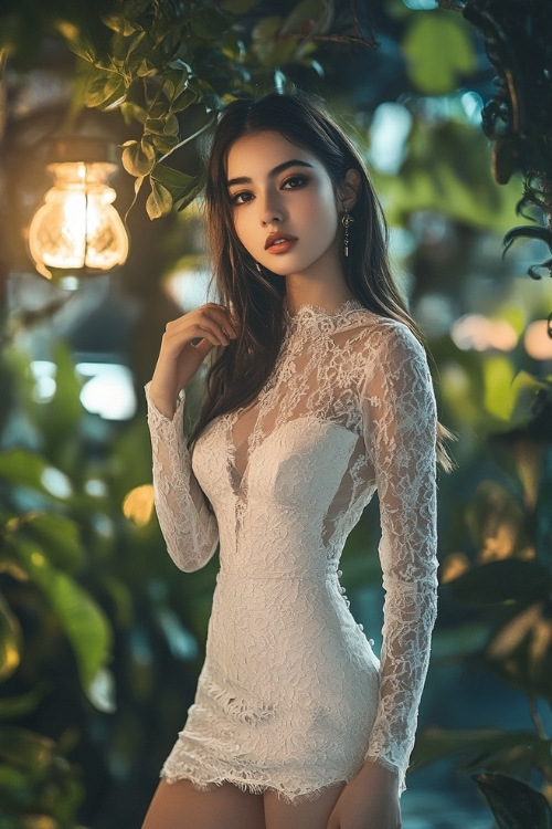 A woman wears a white lace wedding guest dress with long sleeves and a short hemline (2)