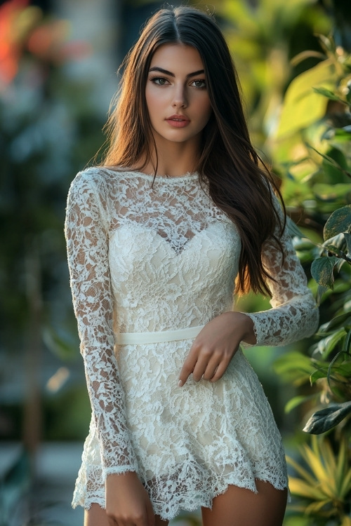 A woman wears a white lace wedding guest dress with long sleeves and a short hemline