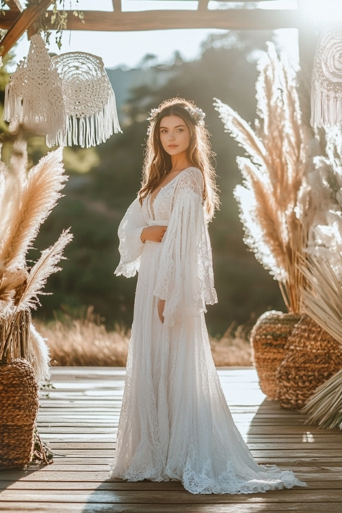 A woman wears a white lace wedding guest dress with wide sleeves and a flowing skirt