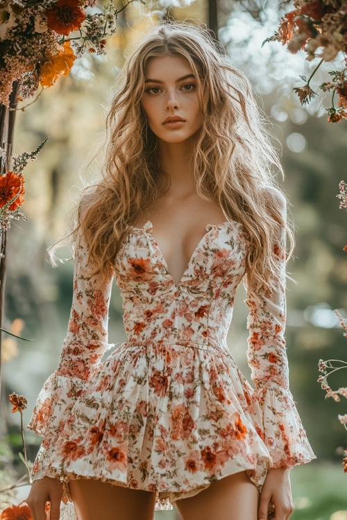 A woman wears a white mini floral wedding guest dress with a V neckline and long sleeves