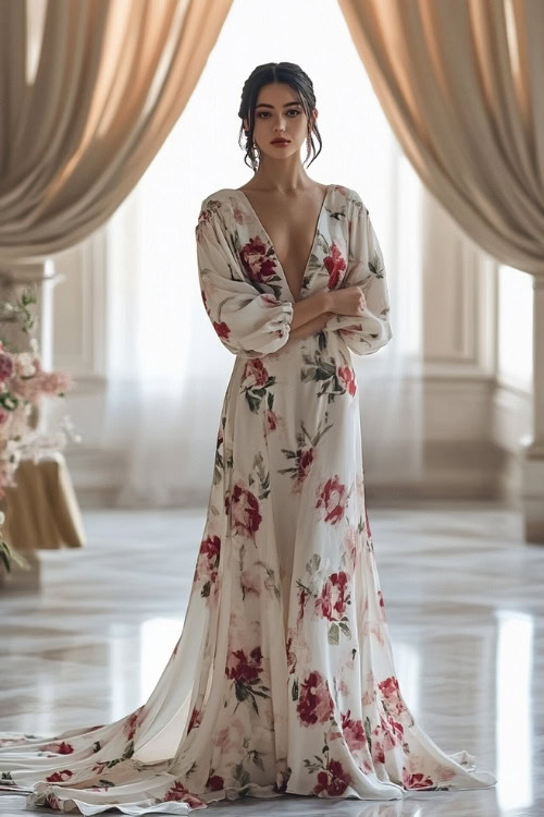 A woman wears a white mini floral wedding guest dress with long sleeves and a deep V neckline (2)