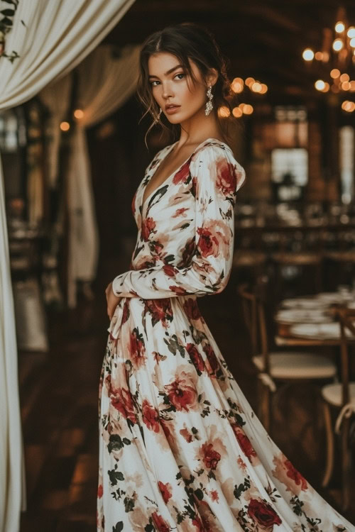 A woman wears a white mini floral wedding guest dress with long sleeves and a deep V neckline