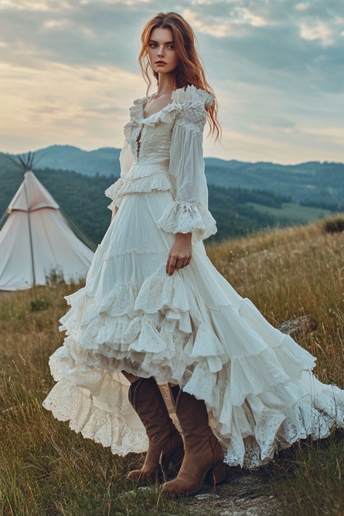 A woman wears a white ruffled dress with brown cowboy boots