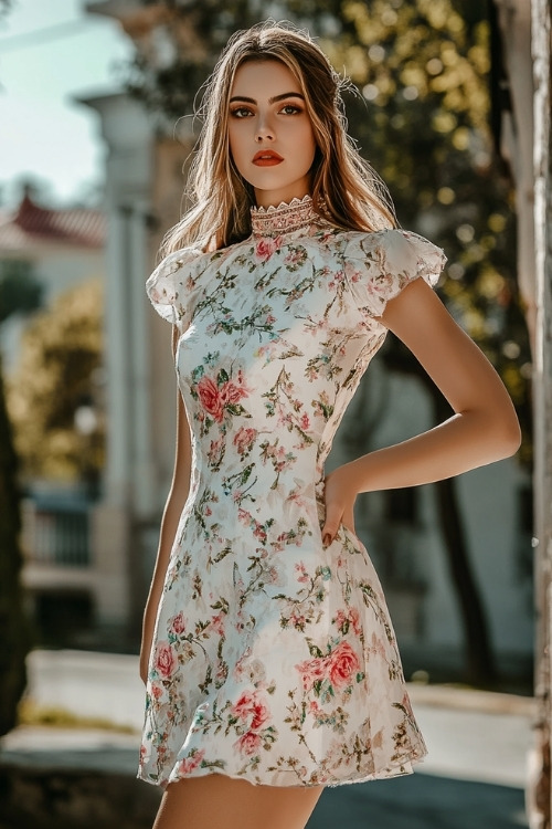 A woman wears a white short floral wedding guest dress and a high collar