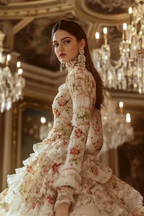 A woman wears a white tiered floral wedding guest dress with long sleeves