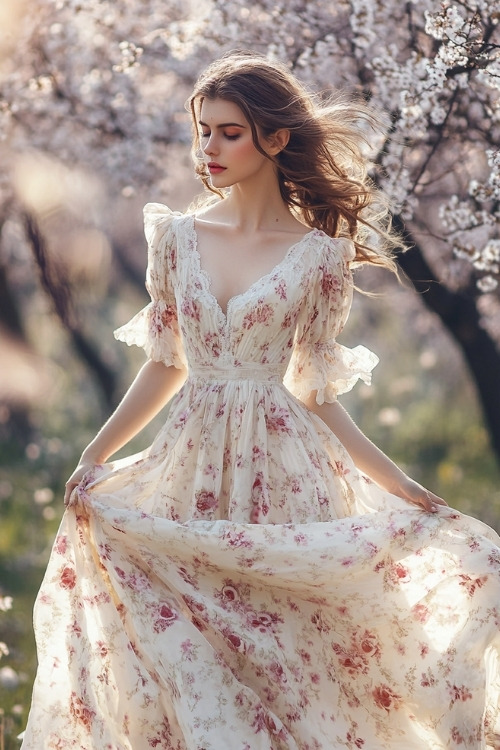 A woman wears a white wedding guest dress with a V neckline