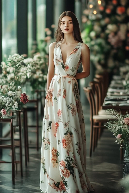 A woman wears a white wedding guest dress with a flowing skirt